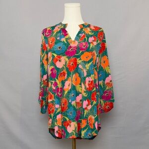 Dear Scarlett Vibrant Floral V-Neck Blouse With Rich Teal & Bold Multi Colors